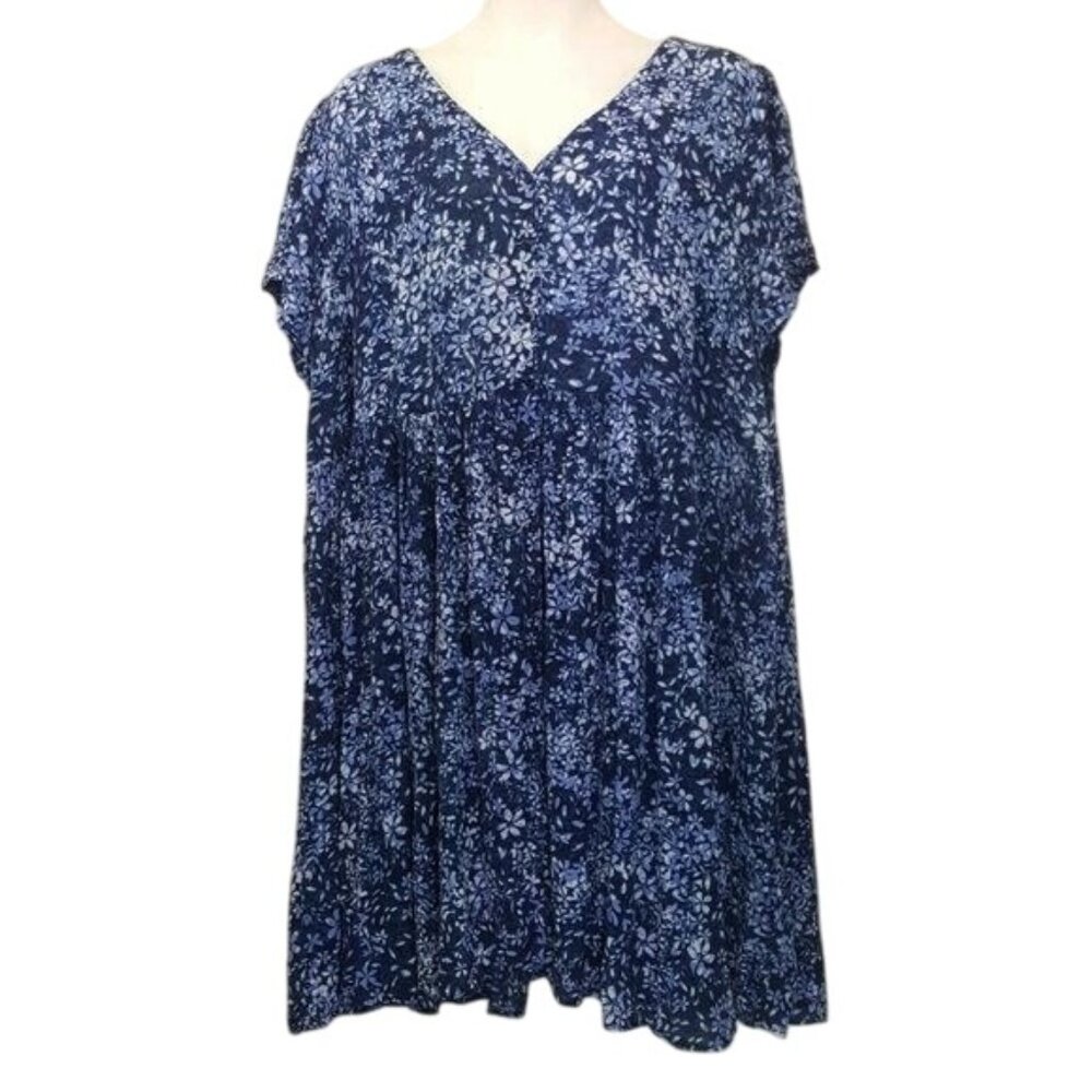 Woman‎ Within 32W Dress Blue Floral V Neck Cottagecore Maxi Summer